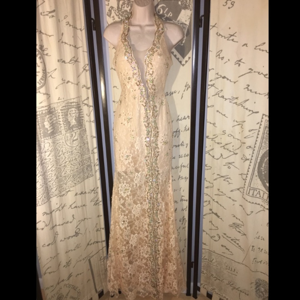 Jovani Ivory Lace and Crystal embellished dress